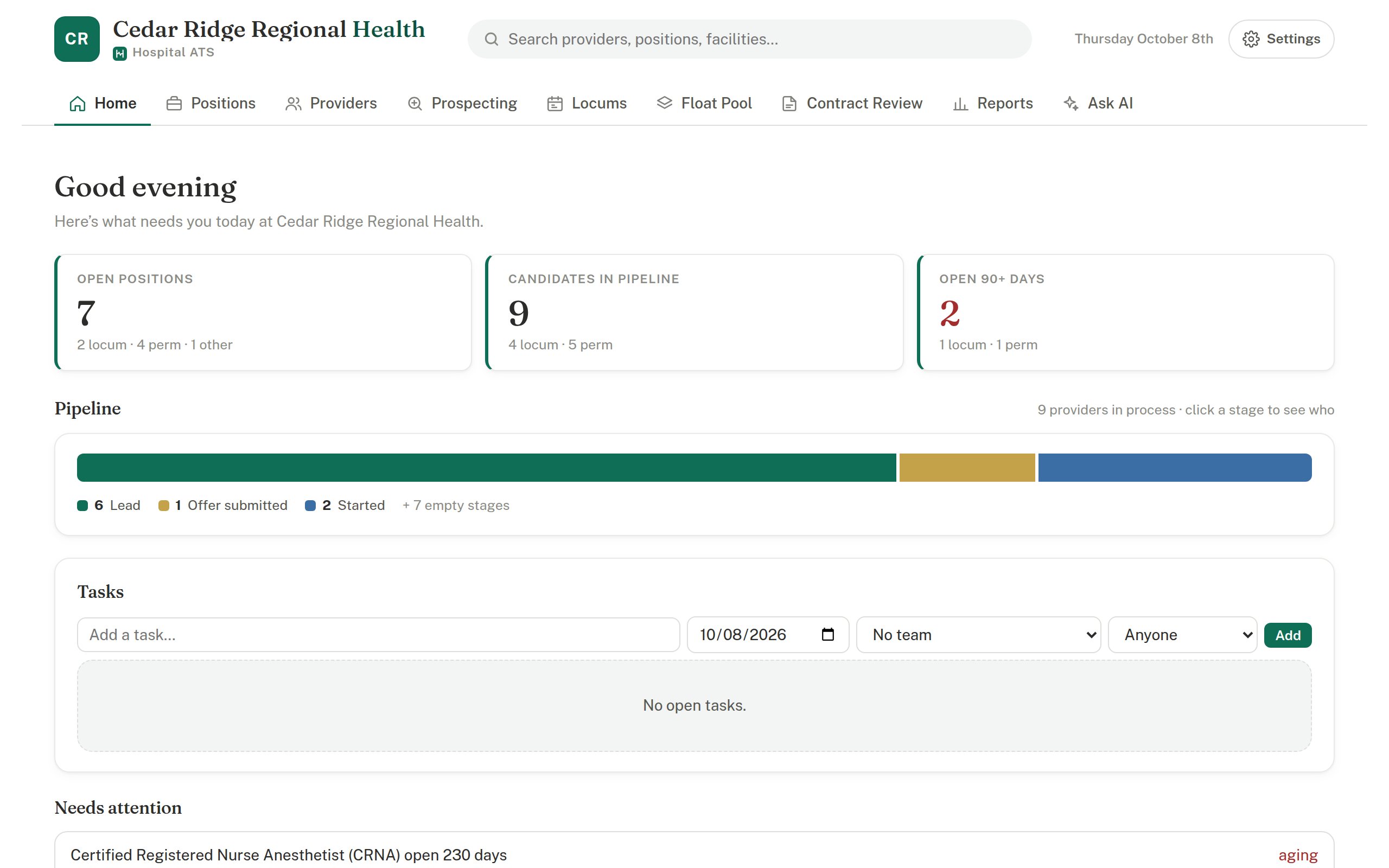 Hospital ATS home screen: open positions, the candidate pipeline and what needs attention today